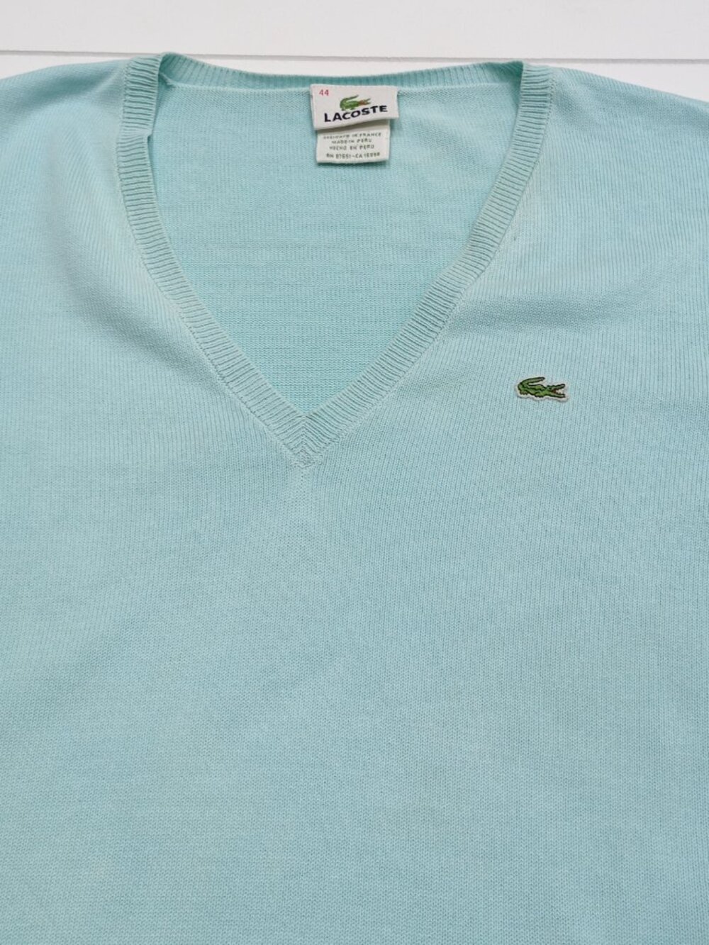 Lacoste Womens 44 Mint Green V Neck Cotton Sweater Logo Preppy Classic Peru